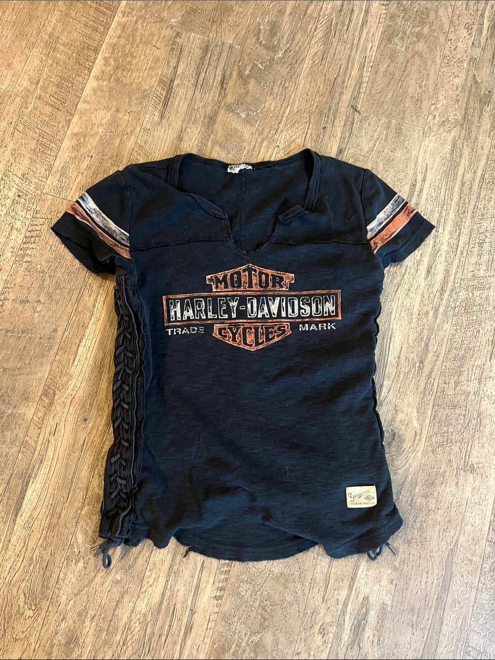 Harley-Davidson Black Tee with Orange and White Logo Stripes